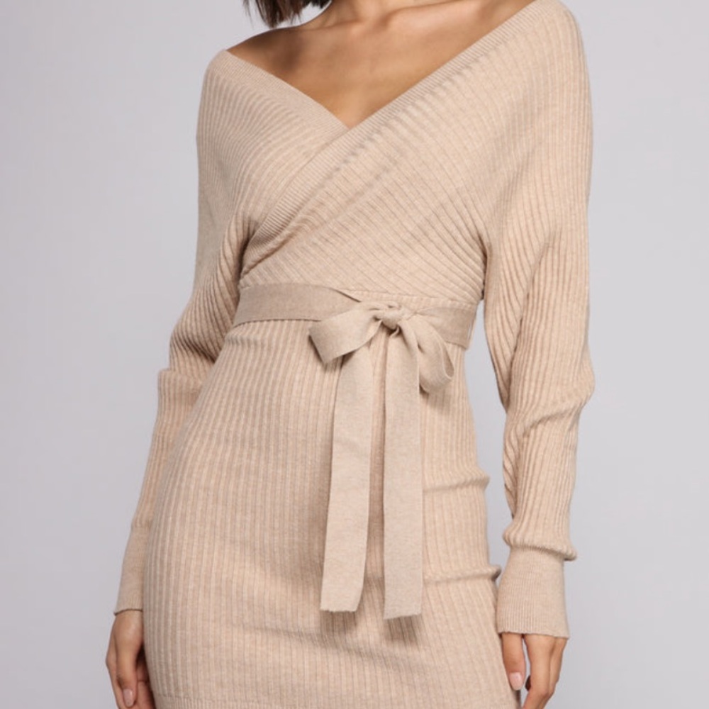 Ribbed Knitted Tie-Front Mini Sweater Dress